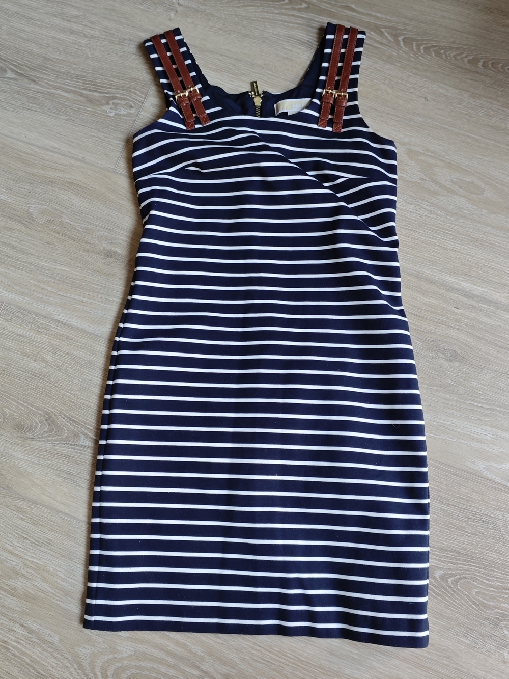 MICHAEL Michael Kors Navy and White Striped Mini Dress with Brown Strap Details